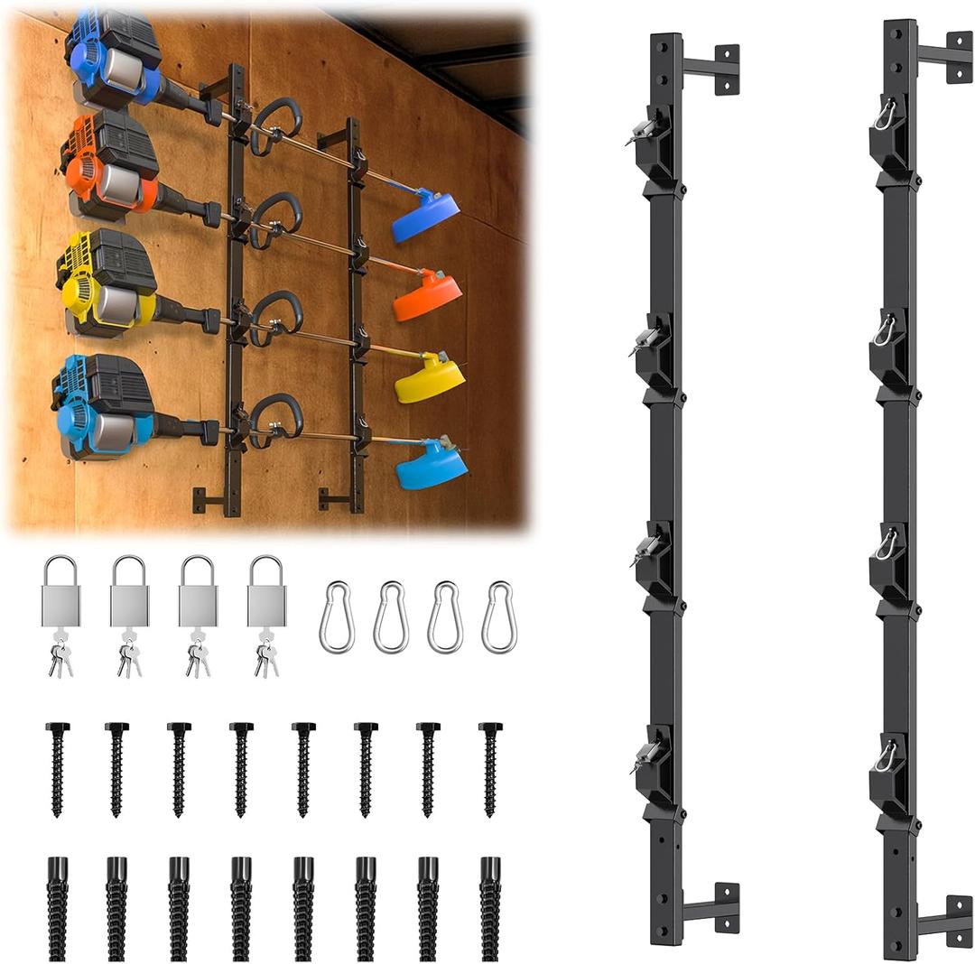 Weed Eater Rack for Enclosed Trailer with Locks, 4 Place Weedeater Rack for Open/Enclosed Trailers Spring Hasp Trimmer Rack 360° Pad Enclosed Trailer Accessories Lawn Care Equipment Cargo Rack