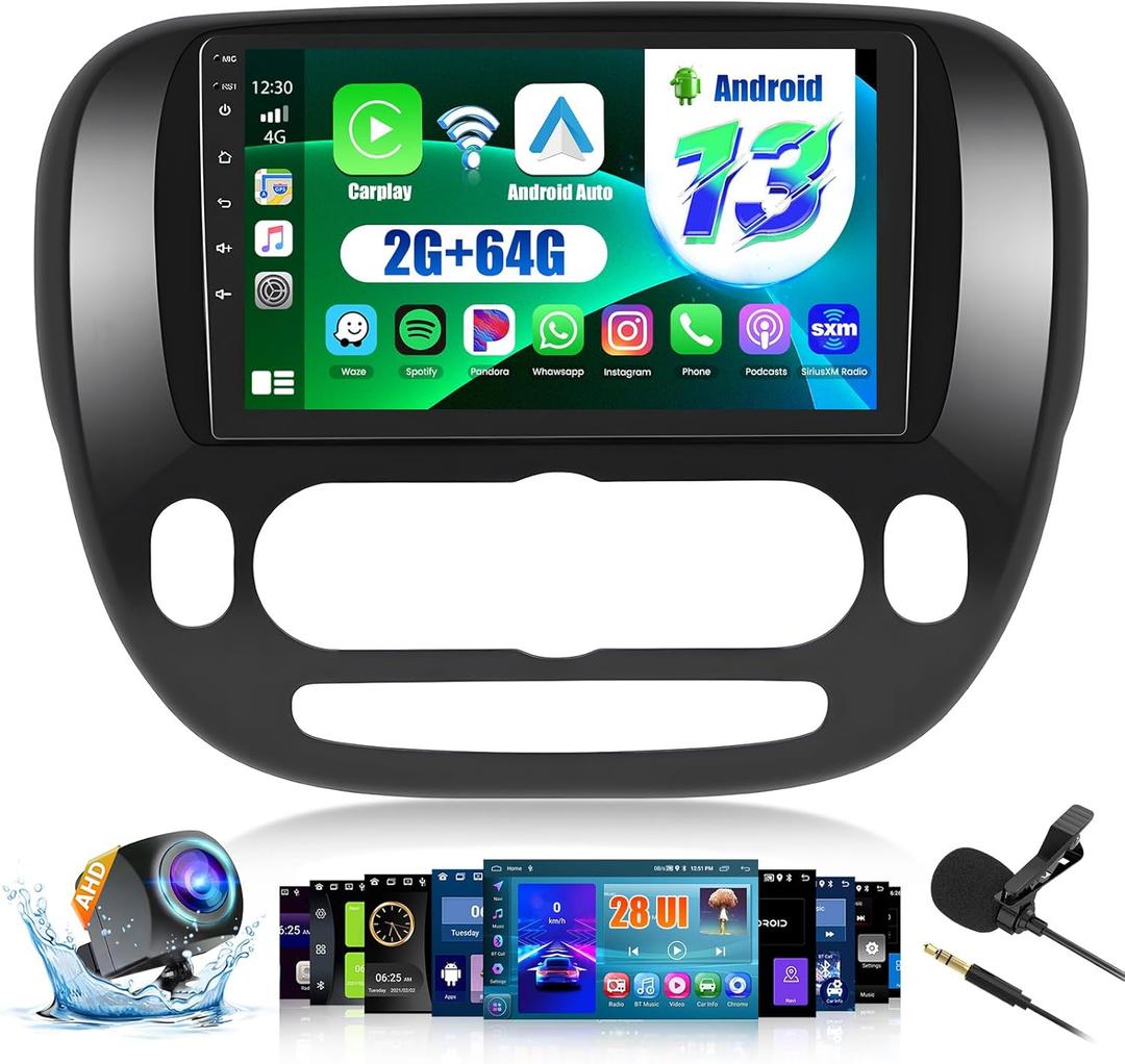 2+64G Android 13 Car Stereo Radio for Kia Soul 2014-2017, 9'' HD Touch Screen with CarPlay Android Auto, AHD Backup Camera, Mirror Link, GPS, WiFi, FM RDS