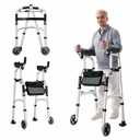 Folding Walker with Armrest Pad - Upright Walker for Seniors, Standing Mobility Aid for Indoor & Outdoor, 300lb Weight Capacity, Height Adjustable (Silvery)
