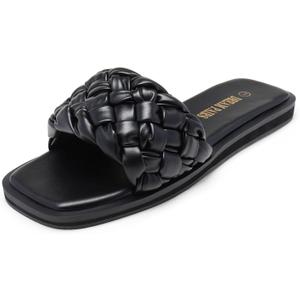 DREAM PAIRS Women's Square Open Toe Slide Sandals Cute Slip on Braided Strap Rhinestone Flat Sandals for Summer (8.5, Black/Weave)