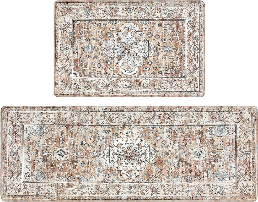Pauwer Anti Fatigue Kitchen Mat Set of 2 Non Slip Kitchen Mats for Floor Cushioned Kitchen Rugs Comfort Standing Mat Farmhouse Waterproof PVC Foam Kitchen Floor Mat Runner (17"x28"+17"x48"--0.4", Vintage Cream Tan)