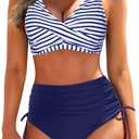 Aqua Eve Women High Waisted Bikini Twist Front Swimsuits Lace up Bikini Tops Ruched Push up 2 Piece Bathing Suits Navy Striped M