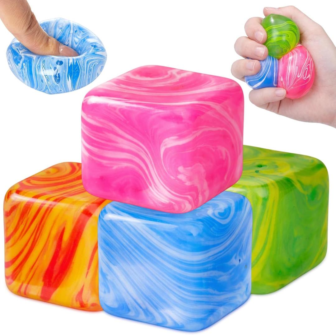 4 Pcs Stress Cube Bulk Ice Cube Stress Ball Anxiety Relief Soft Squeeze Sensory Ball for Party Favors Prizes Goodie Bag Stuffers (Pink,Blue,Green,Orange)