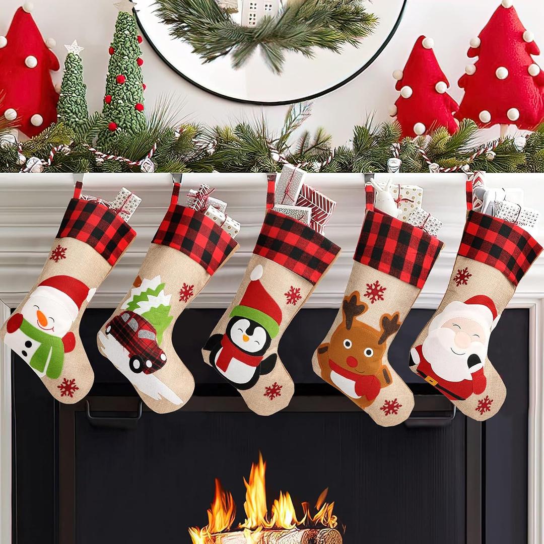 Christmas Stockings 5 Pack, 18'' Large Christmas Stockings with Santa Snowman Gnomes Pattern,Classic Buffalo Plaid Cuff,Xmas Ornaments for Family Stairs Fireplace Tree Hanging