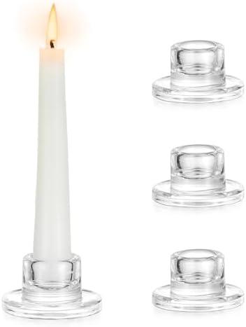 Hewory Glass Taper Candle Holders: 4 PCS Candlestick Holders Clear Short Tapered Candle Holder Set - Candle Stick Holder Decor for Table Centerpiece Wedding Party Advent Christmas Home Decorations