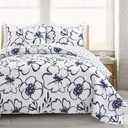 Lush Decor Scandinavian Floral Quilt King Size Reversible 3 Piece Set Navy & White - Floral Bedding Set King Quilt - White Bedding - Cottage Core Decor