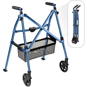 Stander Wonder Walker Plus, Lightweight Folding Mobility Aid for Adults, Seniors, and Elderly, Collapsible Travel EZ Fold-N-Go with Wheels, Glides, & Basket, Cobalt Blue