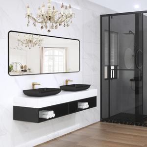Wall Mount Mirror for Bathroom, Brushed Black Metal Framed Large Rounded Corner Rectangular Vanity Mirror, Tempered Glass (28" x 60", Black)