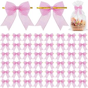 50 Pcs Valentine 3.3" Gift Bow Glitter Wrap Twist Tie, Metallic Fabric Premade Small Mini Ribbon Bow Bulk for Wedding Christmas Box Bag Package Party Treat Supplies DIY Craft Decor(Pink)