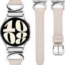 Leather Bands Compatible with Samsung Galaxy Watch 7/ 6/ 5/ 4/ FE/ Active 2 40mm 44mm/ Watch 6 Classic 43mm 47mm Band, 20mm Slim Dressy Leather Strap with C-Shape Metal Buckle Women, Silver/ Starlight
