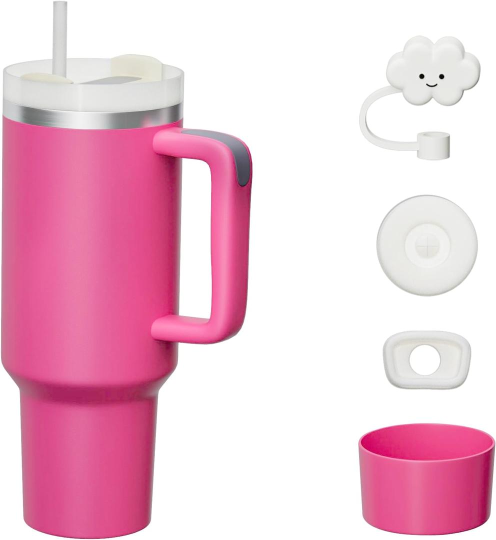 KISSKIND 40 oz tumbler with handlel and Straw Hot Pink Cup Lid Leak-proof Silicone Boot Straw Cover Cap Hot Pink Tumbler Stainless Steel Water Bottle Insulated Cup for Hot Cold Beverages