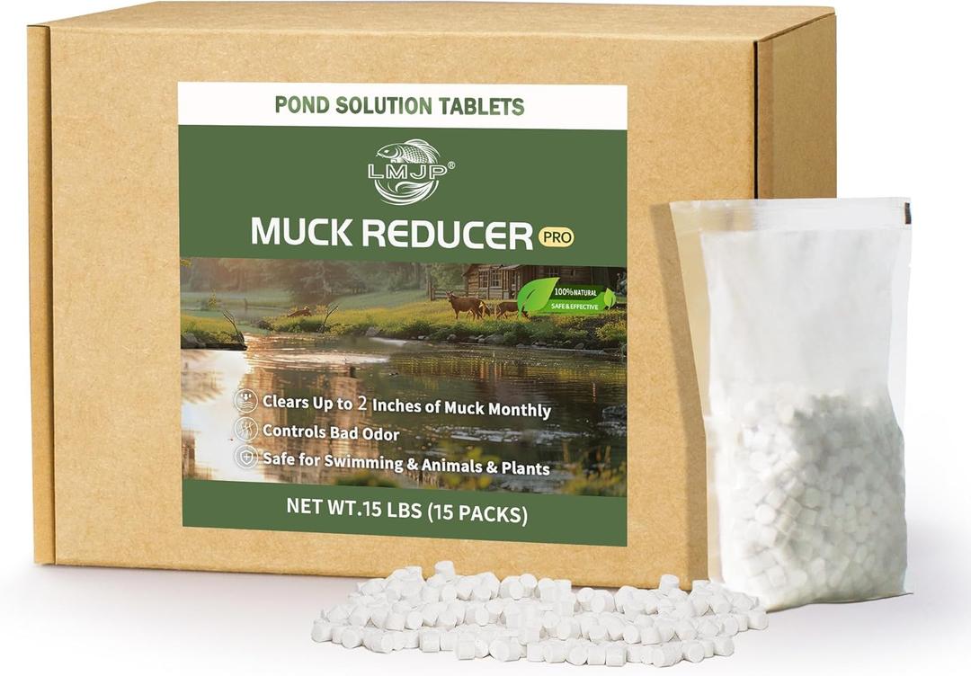 Muck Reducer - 15LB Natural Sludge Solution Tablets for Ponds & Lakes, Away Muck & Odor Control, Safe for Aquatic Life, Wildlife & Recreation, Treats Up to 90,000 Sq Ft Muck Reducer - 15LB Natural Sludge Solution Tablets for Ponds & Lakes, Away Muck & Odor Control, Safe for Aquatic Life, Wildlife & Recreation, Treats Up to 90,000 Sq Ft