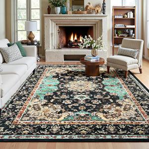 Amearea Vintage Design Black Area Rugs for Living Room, 4x6 Machine Washable Floral Collection Traditional Bedroom Rug, Low Pile Kids Room Carpet, No Slip Office Kitchen Home Decor, Black and Green