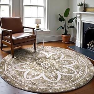 Carvapet 36 inch/91 cm Washable Round Rugs - Vintage Circle Rug, Non Slip Rubber Backing Foldable Low Pile for Living Room Bedroom, 3 ft Brown Rug