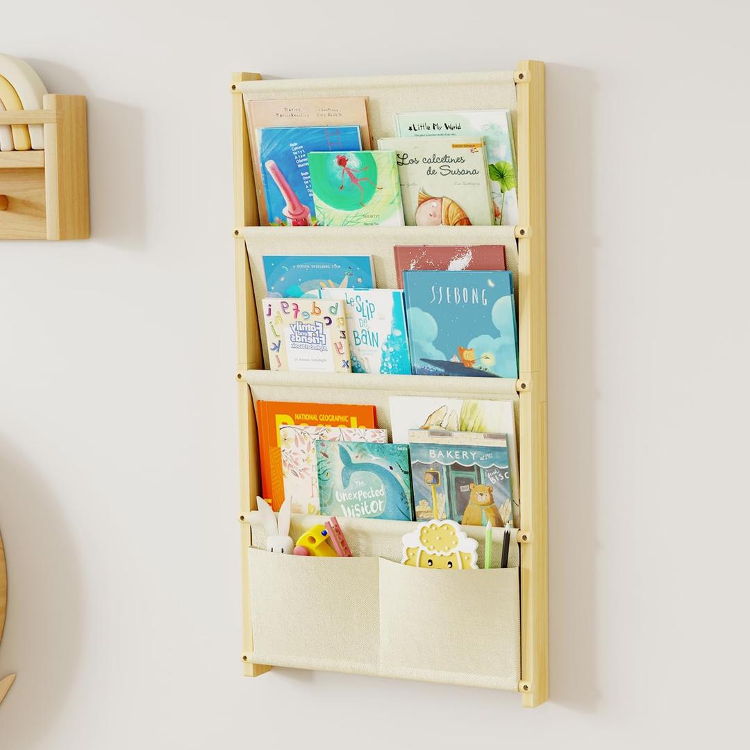 Wood 4-Tier Wall Mounted Kids Bookshelf  Floating Book Shelf For Kids Rooms,Nursery & Classroom, Hanging Bookcase Organizer For Books, Toddler Book Shelf, Montessori Bookshelf, Nursery Shelves