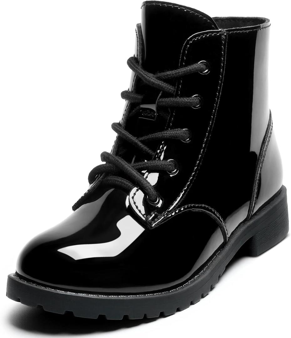 CCVON Girls Ankle Boots Lace Up Side Zipper Combat Shoes for Toddler/Little Kid/Big Kid (Black) 10