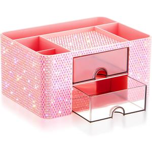 Pink Bling Desk Organizer with 2 Drawer, Sparkly Makeup Organizer for Vanity, Girly Desk Accessories, Rhinestone Pen Holder, Elevate Your Workspace with Pink Serenity (Diamond)