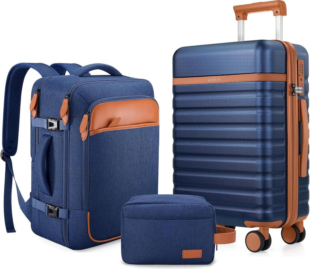 UKEIN Luggage Sets 3 Piece, Carry On Luggage 20In With Spinner Wheels,PC Hardside Suitcase Set with TSA Lock,Durable Carry On Suitcase With Travel Backpack for Men (Blue, 3 piece set (20inch))