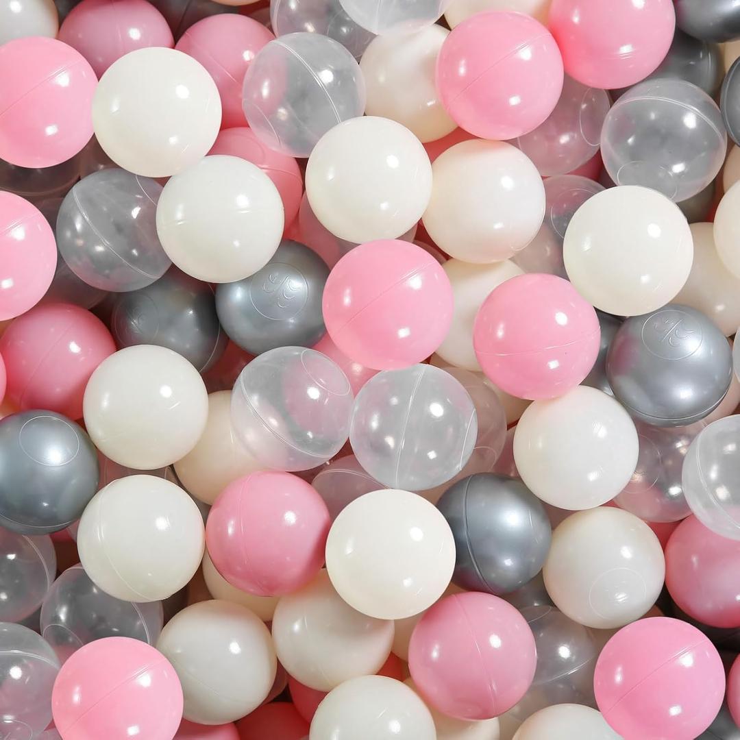 STARBOLO Star Ball Pit Balls - Pack of 100 200 500 1000 Macaron Balls BPA&Phthalate Free Non-Toxic Crush Proof Ocean Ball Soft Plastic Balls for 1-5 Years Kids Birthday Pool Tent Party. (Pink & Beige & Clear & Sliver)