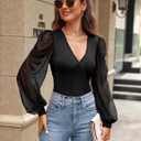 Fayenne Womens Tops Deep V Neck Cross Wrap Sexy Tops Polka Dot Mesh Long Sleeve T Shirt Casual Blouses (Black, XXXL)