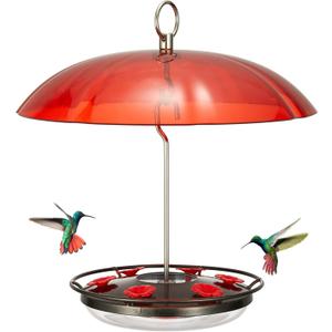 Kingsyard Weatherproof Hummingbird Feeder for Outdoors Hanging - Heavy Duty Metal lid with 6 bee Guard Feeding Ports & Circular Perch, Built-in Ant Moat, Easy to Refill & Clean (12oz/Black)