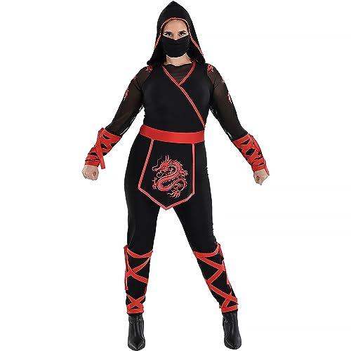 Black and Red Polyester Ninja Jumpsuit & Mask Set - Plus (18-20) - Perfect Ultimate Costume Experience, L