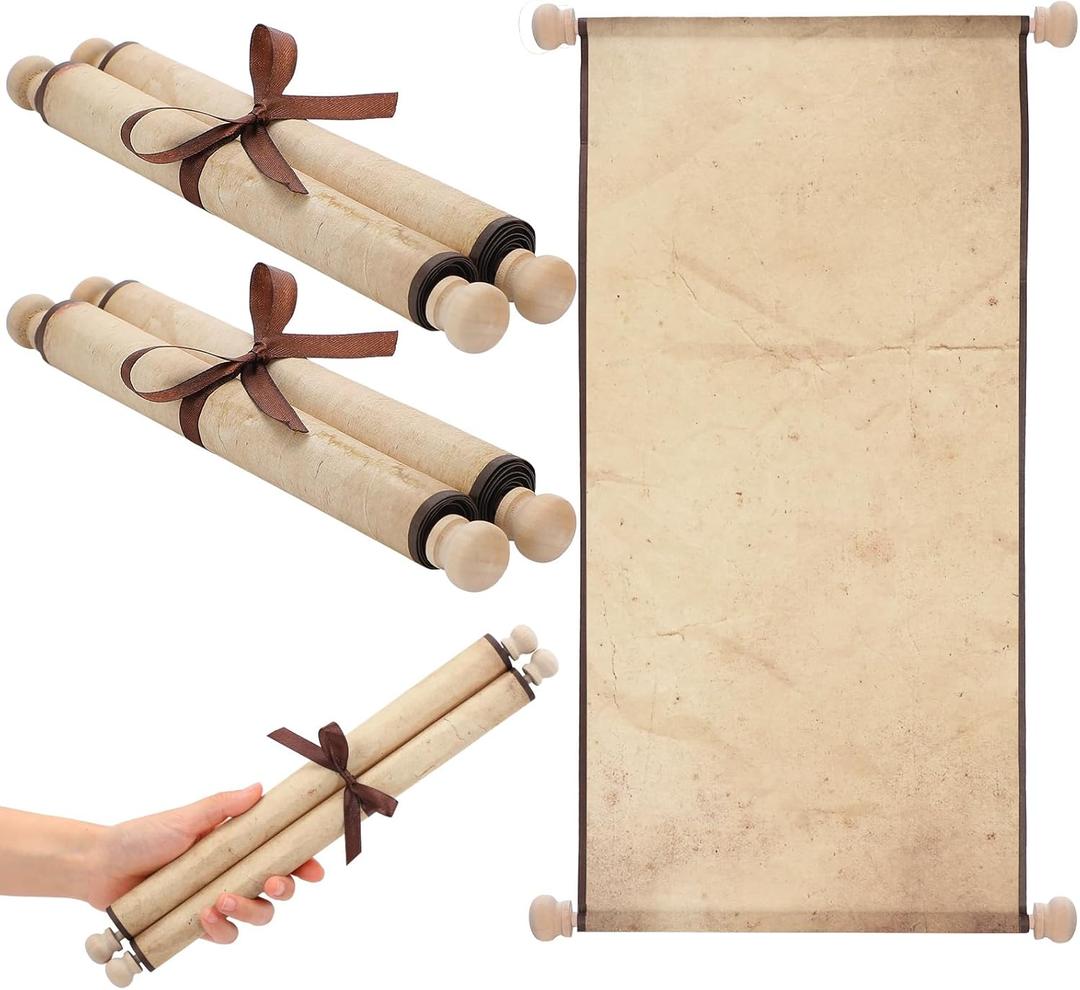 Epakh 2 Pack Blank Paper Scrolls Wrapped on Wood Rod for Writing, Drawing, Calligraphy, Wedding Vows, Cosplay Prop, Renaissance Festivals, Tabletop Role Playing Game, (Old Color)