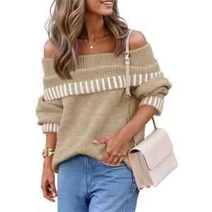 MEROKEETY Women's Fall Off Shoulder Knit Sweater Striped Pullover Tops (Beige, L)