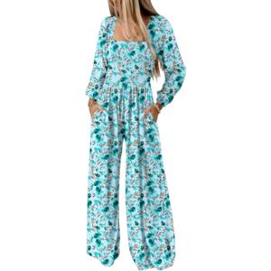 RONGTAI Womens Jumpsuit Casual Loose Overalls One Piece Long Sleeve Floral Printed Wide Leg Pant Rompers With Pockets (Blue, S)