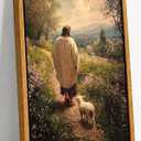 Framed Jesus and Lamb Canvas Wall Art,Jesus Leaves the 99 Sheep Picture,Vintage Christian Poster Print,Religious Artwork Wall Decor for Church Living Room Bedroom16x24in
