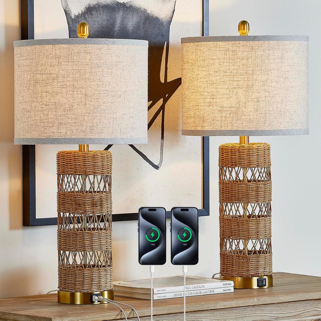 Boho Rattan Stylish & Functional & Versatile Decor USB Table Lamps Set of 2-28" Farmhouse Bedside Lights,Bulbs Included Boho Rattan Stylish & Functional & Versatile Decor USB Table Lamps Set of 2-28" Farmhouse Bedside Lights,Bulbs Included