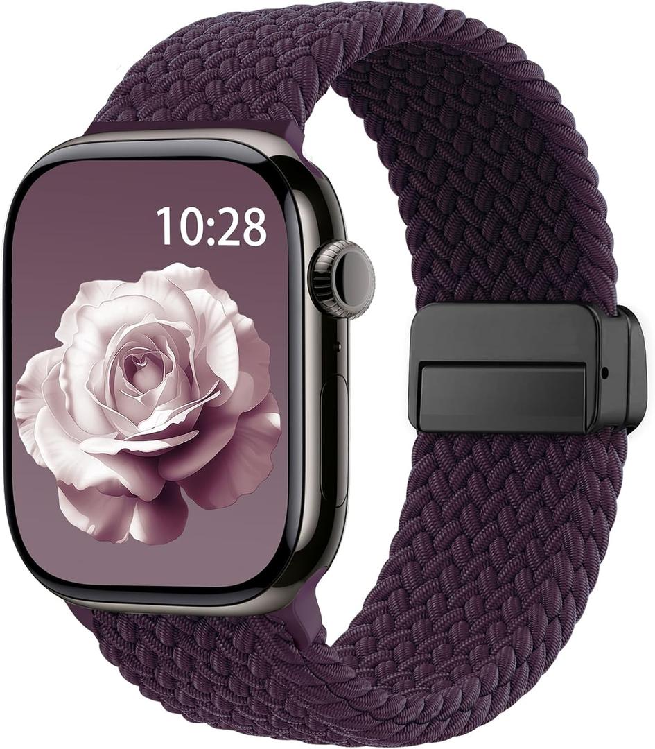 Braided Stretchy Band Compatible with Apple Watch Bands 38mm 40mm 41mm 42mm 44mm 45mm 46mm 49mm Women Men, Soft Nylon Solo Loop Magnetic Sport Strap for iWatch Series 11 10 9 8 7 6 5 4 3 2 1 SE Ultra