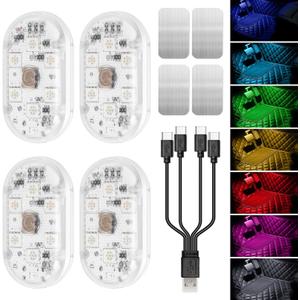 Wireless Car Led Interior Lights 4PCS, 7 Colors Under Dash Lights Touch, Wireless Led Lights for Car, Rechargeable Led Anti-Collision Strobe Lights for Motorcycle, Drones, E-Bikes, Home, Truck