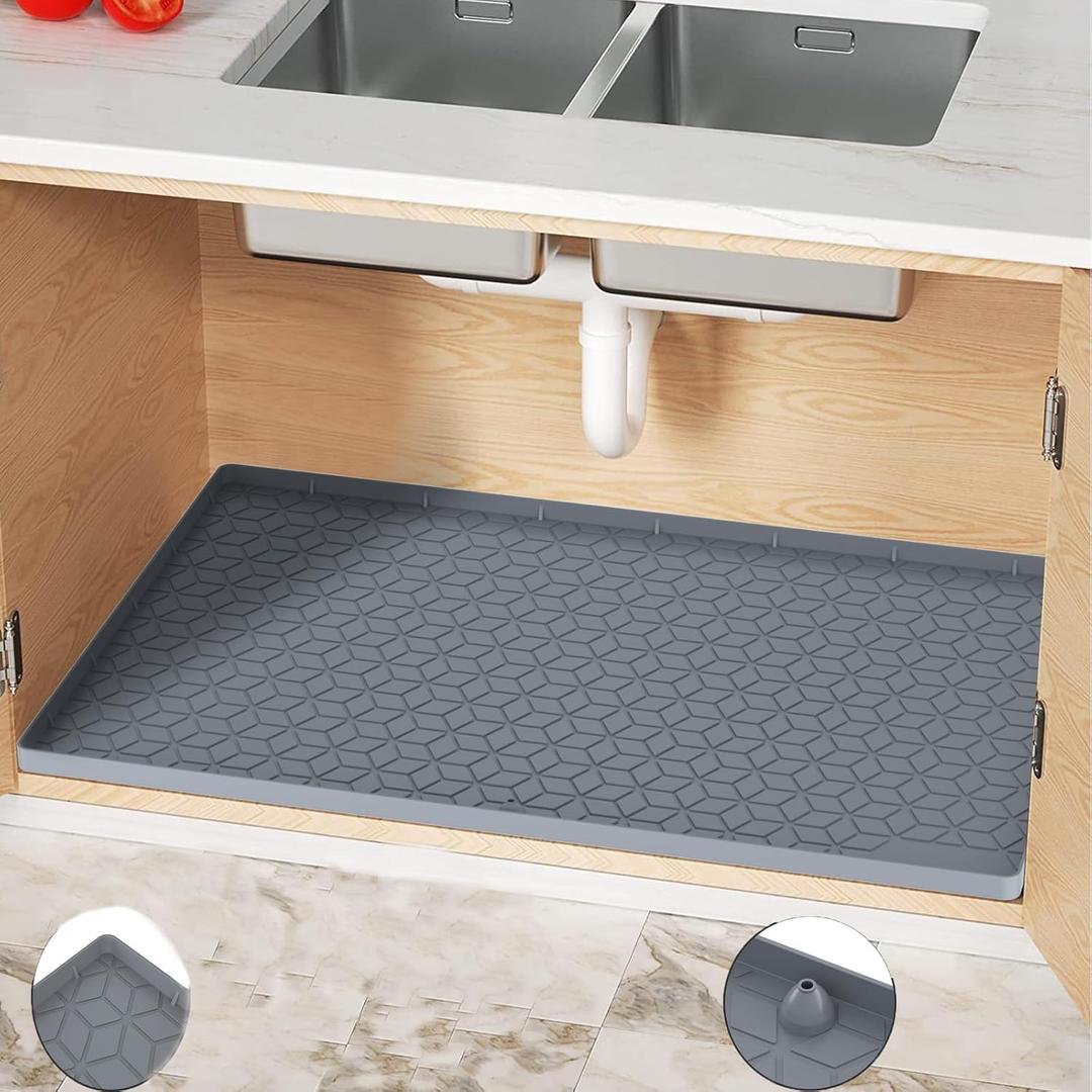 Under Sink Mat for Kitchen, Silicone Waterproof Liner, Flexible Organizer Tray with Drain Hole, 3.3 Gallons Capacity, Easy to Clean (Gray, 28x19)