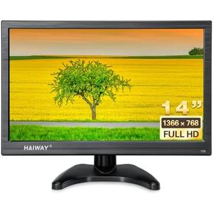 Haiway 14 Inch Security Monitor, 1366x768 Resolution Small PC Monitor Built-in Speakers with HDMI/VGA/BNC/AV Ports, Home Office Mini hdmi Monitors for Laptop, CCTV Camera, Gaming with Remote Control