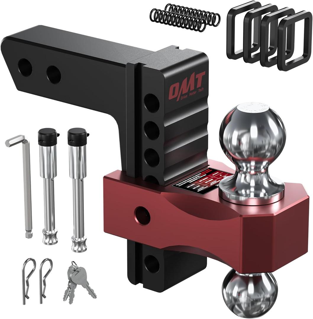 Orion Motor Tech Adjustable Trailer Hitch for 2 in. Receiver, Dual-Ball Mount Tow Hitch with 6" Drop/Rise 2" & 2-5/16" Balls, Drop Hitch with Locking Pins for Class III V Vehicles 8000-12500 GTW, Red