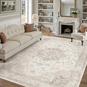PureCozy Beige Area Rug 9x12 Washable Vintage Carpet for Living Room Bedroom Large Soft Retro Low Pile Thin Indoor Rug Non Slip Oriental Medallion Floor Cover for Dining Room Office