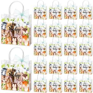Sinload 25 Sets Woodland Baby Shower Favors Bags Oh Baby Clear Plastic PVC Bags with Handle and Green Ribbon for Gender Reveal Birthday Party Supplies