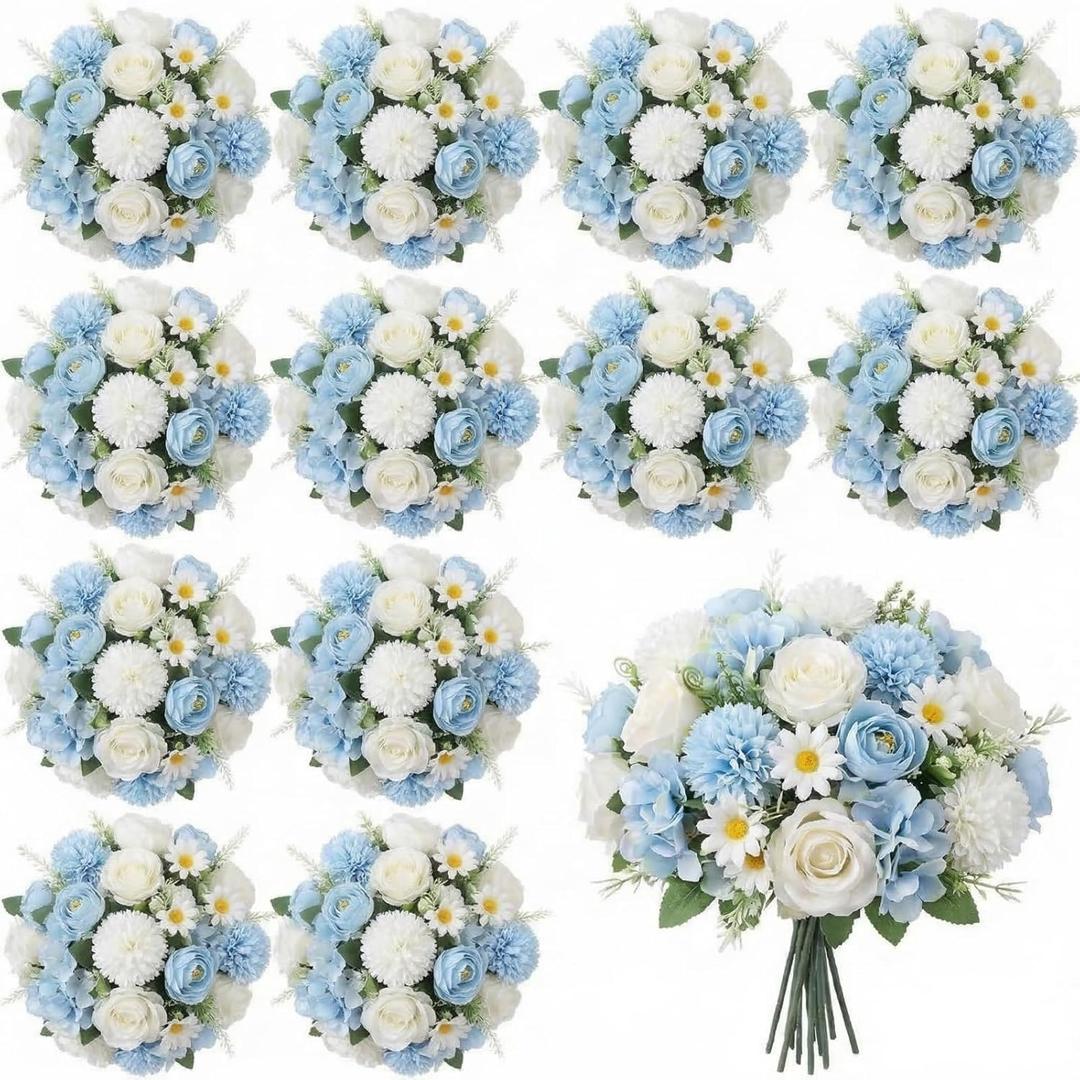 Tigeen 12 Bundles Peonies Artificial Flowers Faux Roses Silk Flowers Hydrangea Artificial Bouquet for Wedding Table Centerpiece Floral Vase Home Office Bridal Decor (Champagne White,Blue)