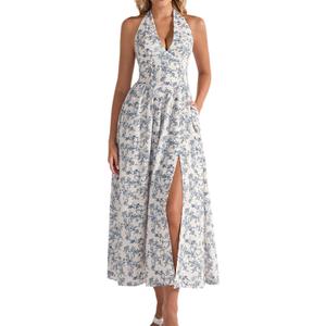 XinFSh Women's Summer Floral Halter Corset Wedding Guest Maxi Dress Flowy A Line Long Tea Party Dresses with Pockets, Large