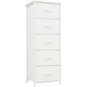 Somdot Dresser for Bedroom with 5 Drawers, Storage Organizer Chest of Drawers with Removable Fabric Bins for Closet Bedside Living Room Laundry Entryway Hallway, White Leather