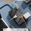 Surge Protector Power Strip - 8 Outlets(1850W/15A/14AWG) with 6 USB Ports（2 USB C, 10FT Flat Plug Extension Cord, Wall Mount Multi Plug Outlet Extender, ETL Listed for Home, Dorm Room, Black