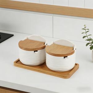 Ceramic Condiment Pots - Sugar Bowl with Lid and Ceramic Spoon Salt and Sugar Container Sets for Home Kitchen Coffee Tea Sugar Canister Set with Serving Tray
