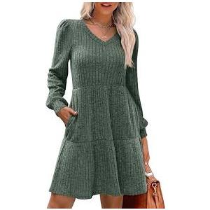 Womens Square Neck Long Sleeve Fall Dresses Casual Babydoll Sweater Dress Green XL