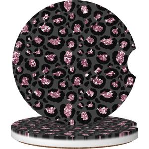 Absorbent Car Coasters for Cup Holders, 2 Pack Universal Anti Slip Ceramic Cup Coaster for Women Men 2.56 Inch Car Interior Accessories - Black Pink Leopard 005