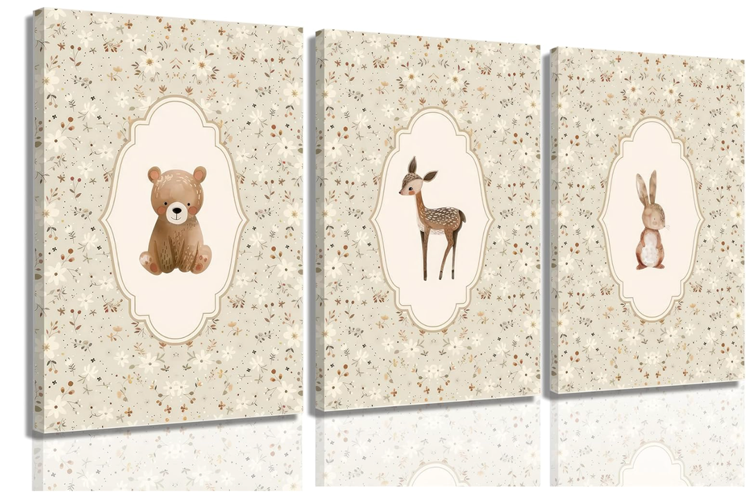 Vintage Woodland Animals Nursery Canvas Wall Art Cute Bunny Bear Deer Picture Wall Decor Country Poster Painting Print Neutral Artwork for Girls Room Kids Room Baby Room Bedroom Farmhouse Decortion, Size: 16"x24"