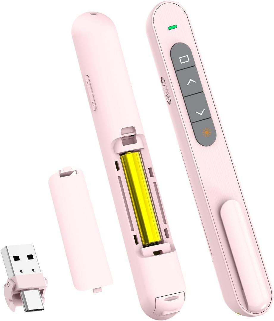 QUI Presentation Clicker for PowerPoint, RF 2.4GHz USB C Wireless Presenter Remote with Volume Control, PowerPoint Clicker Slide Advancer for Mac, Windows, Laptop, Keynote (Pink)