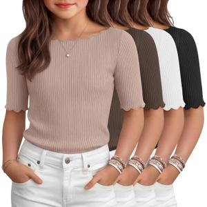 4 Pack Girl's Half Sleeve T Shirts Kids Ribbed Lettuce Trim Tops Boat Neck Fitted Summer Casual Tees, 5-16 Years