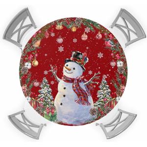 Christmas Round Fitted Tablecloth with Elastic Snowman Red Tablecloths Pine Cone Berry Wreath Table Cover for Kitchen Xmas Holiday Party Indoor Outdoor Waterproof Fits Tables up to 45"- 54" Diameter