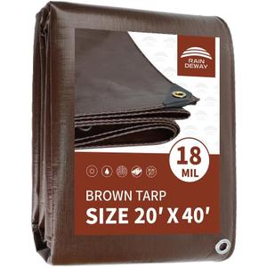 RAINDEWAY 20x40 Feet Super Heavy Duty 18 Mil Brown Poly Tarp Cover, UV Resistant, Weatherproof, Multipurpose Waterproof Poly Tarp with Grommets and Reinforced Edges